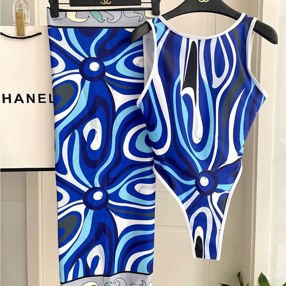 Emilio Pucci Blue and White Swirl One Piece Swimsuit - Picture 1 of 11